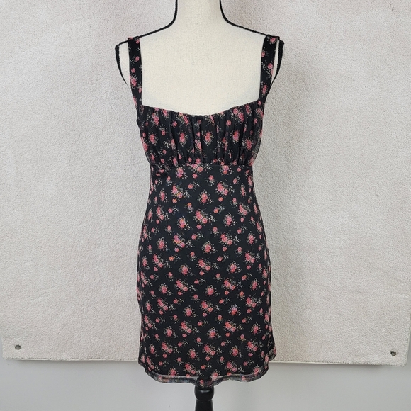 Urban Outfitters Black Pink Floral Y2K Grunge Fairy Coquette Mini Dress Sz L NEW - Picture 1 of 13